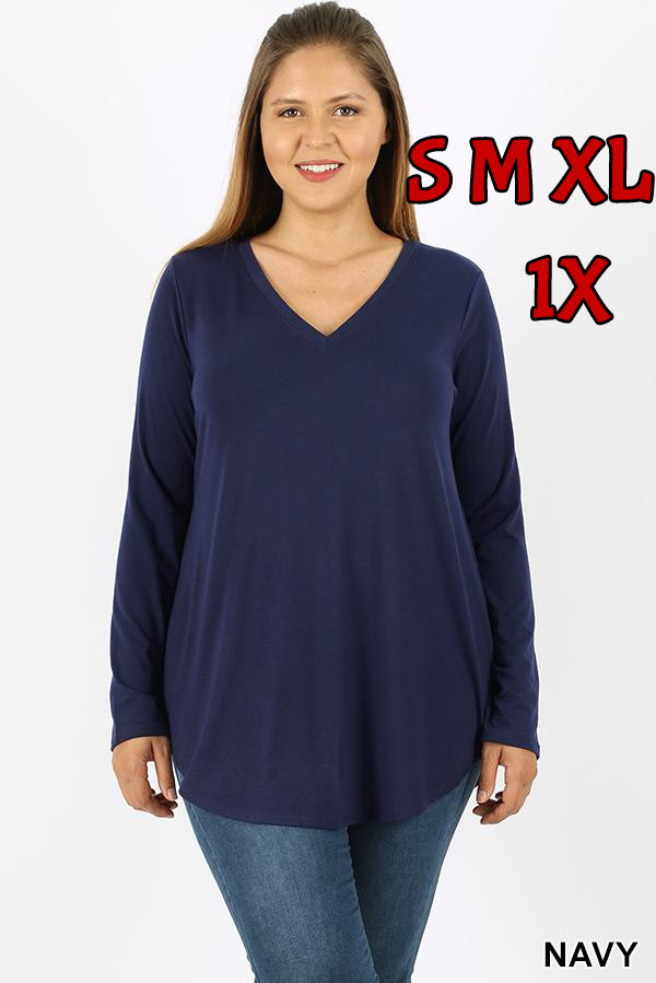 5690 4/4S V Neck Round Hem TOP in NAVY JV-L2B
