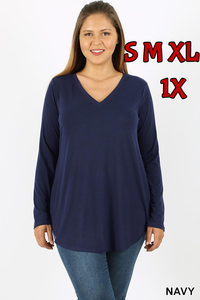 5690 4/4S V Neck Round Hem TOP in NAVY JV-L2B