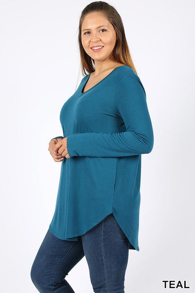 5692 4/4S V Neck Round Hem TOP in TEAL JV-B33A