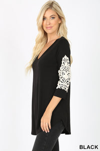 5876 3/4S V Neck w Lace Patch Sleeve in BLACK JV-K39B