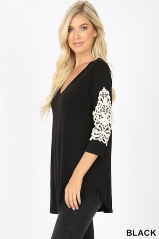 5876 3/4S V Neck w Lace Patch Sleeve in BLACK JV-K39B