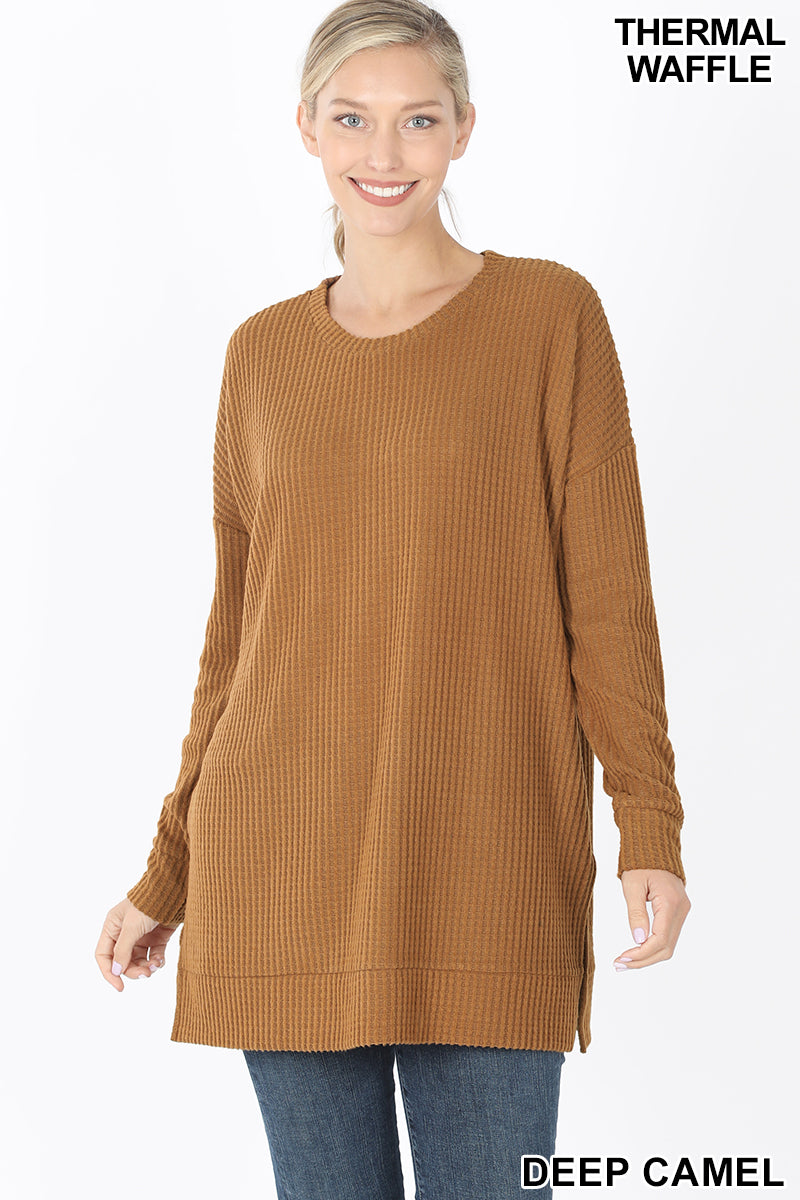 5886 4/4S Thermal Waffle R Neck SWEATERS in DEEP CAMEL