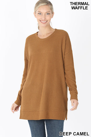 5886 4/4S Thermal Waffle R Neck SWEATERS in DEEP CAMEL