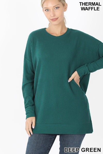 5887 4/4S Thermal Waffle R Neck SWEATERS in DEEP GREEN -both