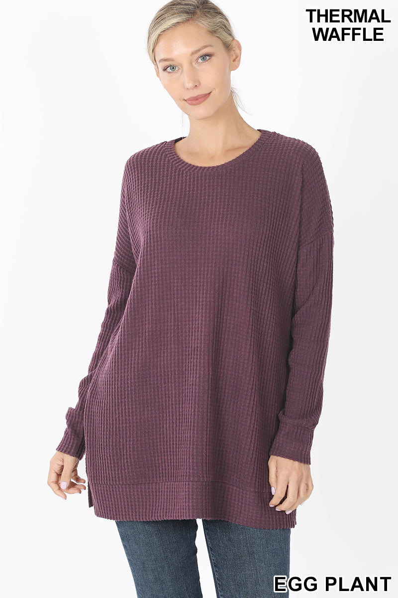5889 4/4S Thermal Waffle R Neck SWEATERS in EGGPLANT