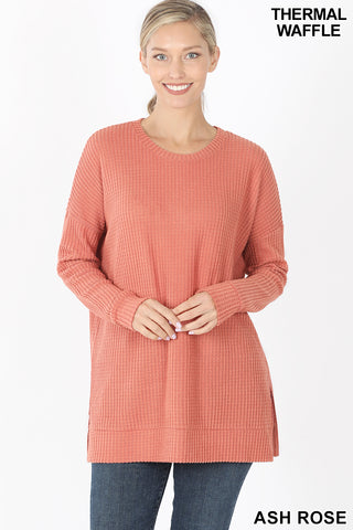5891 4/4S Thermal Waffle R Neck SWEATERS in ASH ROSE