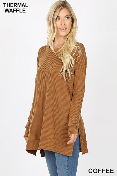 5893 4/4S Thermal Waffle R Neck SWEATERS in COFFEE