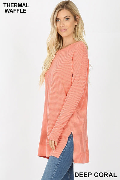 5894 4/4S Thermal Waffle R Neck SWEATERS in DEEP CORAL