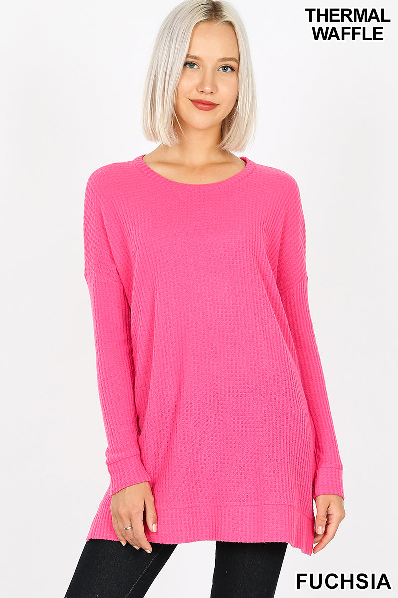5896 4/4S Thermal Waffle R Neck SWEATERS in FUCHSIA