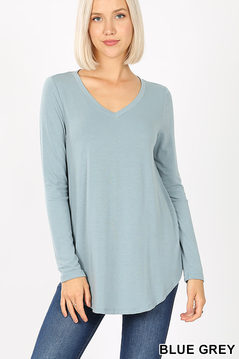 5907 4/4S V Neck Round Hem TOP in BLUE GREY