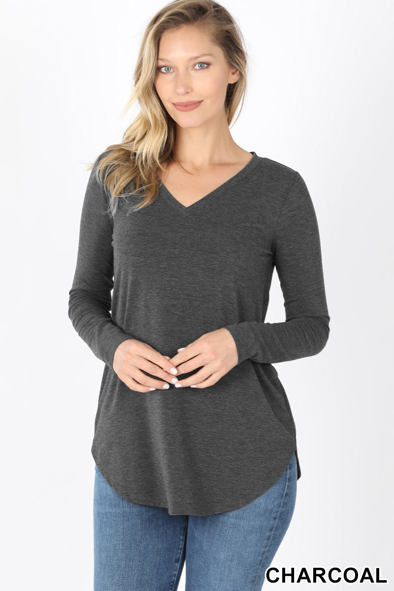 5908 4/4S V Neck Round Hem TOP in CHARCOAL
