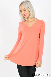 5909 4/4S V Neck Round Hem TOP in DEEP CORAL