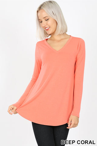 5909 4/4S V Neck Round Hem TOP in DEEP CORAL
