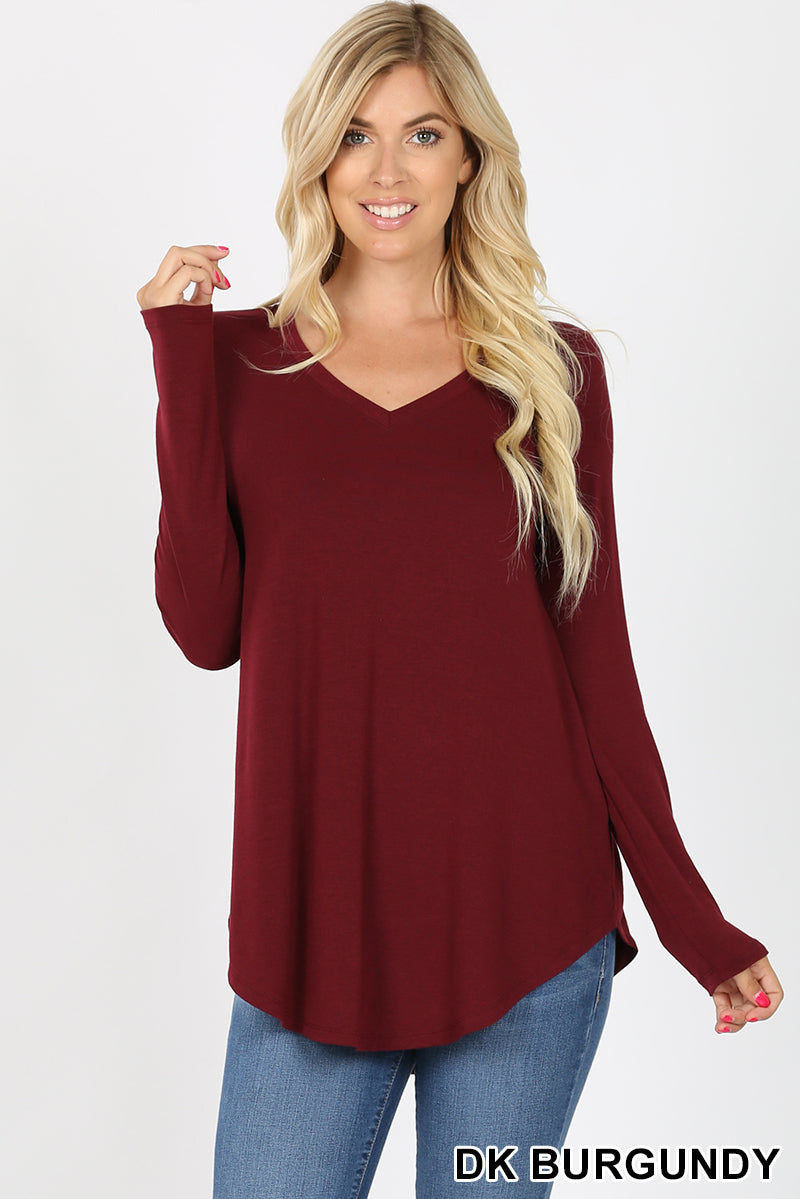 5911 4/4S V Neck Round Hem TOP in DK BURGUNDY