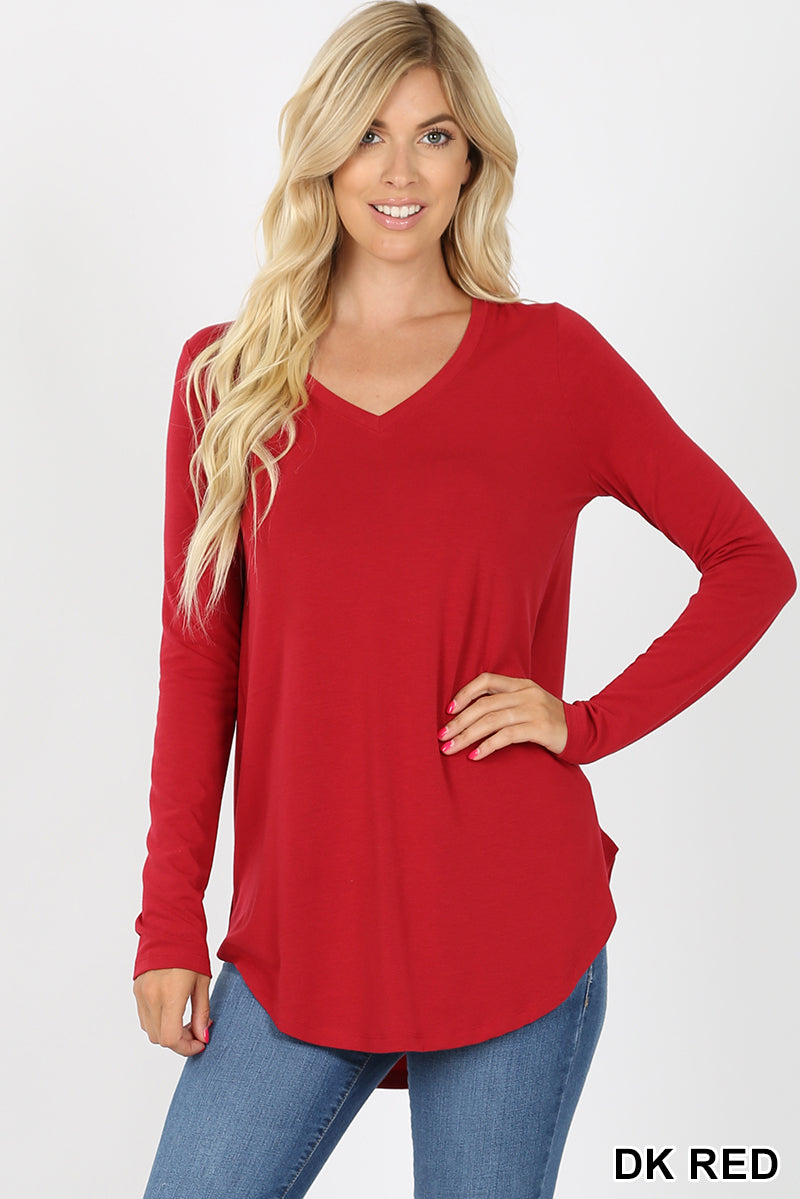 5913 4/4S V Neck Round Hem TOP in DK RED