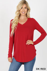 5913 4/4S V Neck Round Hem TOP in DK RED