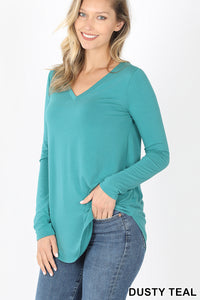 5915 4/4S V Neck Round Hem TOP in DUSTY TEAL