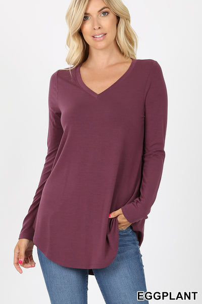5916 4/4S V Neck Round Hem TOP in EGGPLANT