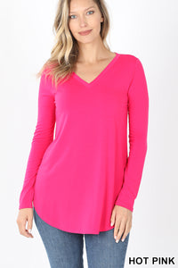 5919 4/4S V Neck Round Hem TOP in HOT PINK