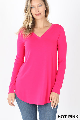 5919 4/4S V Neck Round Hem TOP in HOT PINK