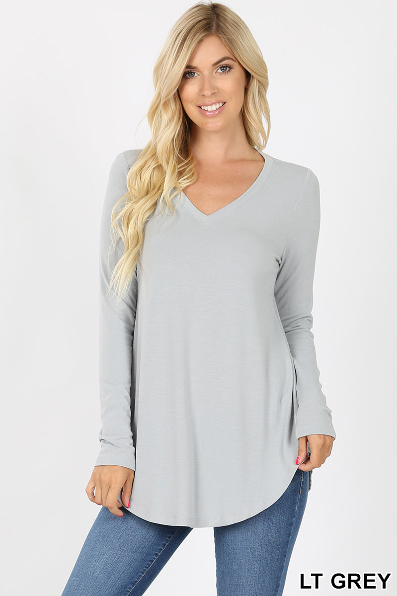 5923 4/4S V Neck Round Hem TOP in LT GREY
