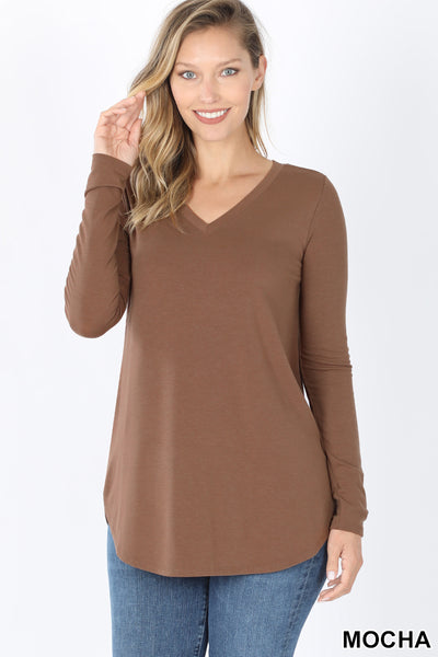 5926 4/4S V Neck Round Hem TOP in MOCHA