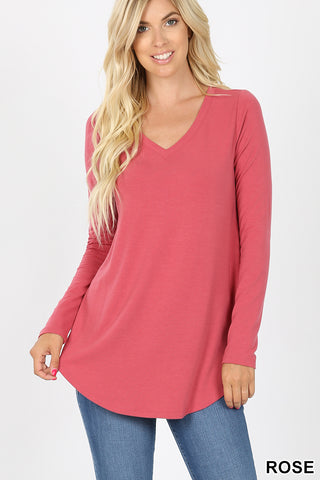 5927 4/4S V Neck Round Hem TOP in ROSE