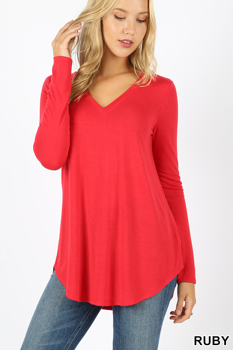 5928 4/4S V Neck Round Hem TOP in RUBY