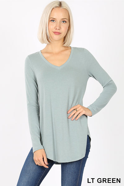 5932 4/4S V Neck Round Hem TOP in LT GREEN