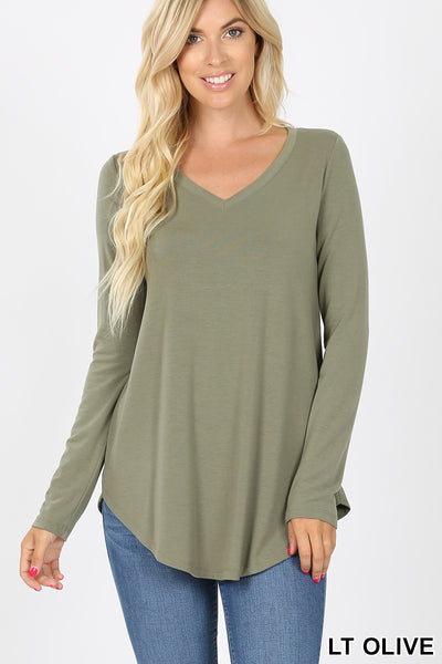5933 4/4S V Neck Round Hem TOP in LT OLIVE