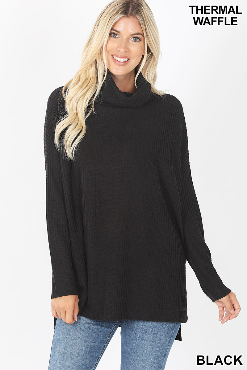 5954 4/4S Thermal Waffle Cowl Neck SWEATERS in BLACK