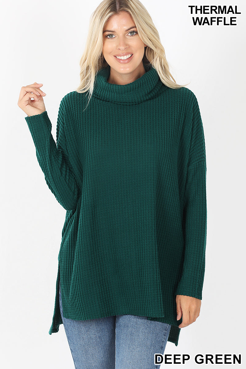 5955 4/4S Thermal Waffle Cowl Neck SWEATERS in DEEP GREEN