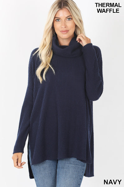 5956 4/4S Thermal Waffle Cowl Neck SWEATERS in NAVY