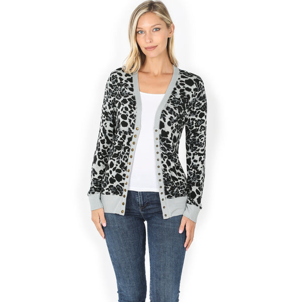 5961 4/4S Snap CARDIGAN in GREY LEOPARD
