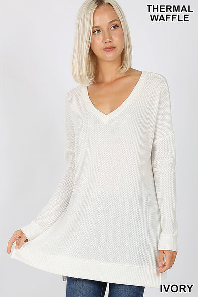 5980 4/4S Thermal Waffle V Neck SWEATERS in IVORY