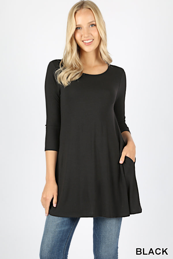 5982 3/4S Boat Neck Flared Top w PKTS in BLACK