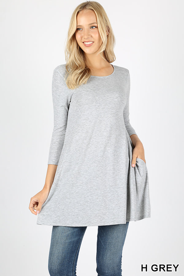 5983 3/4S Boat Neck Flared Top w PKTS in HEATHER GREY