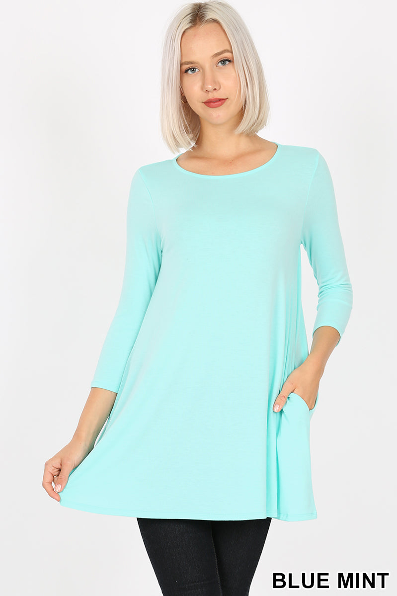 5985 3/4S Boat Neck Flared Top w PKTS in BLUE MINT