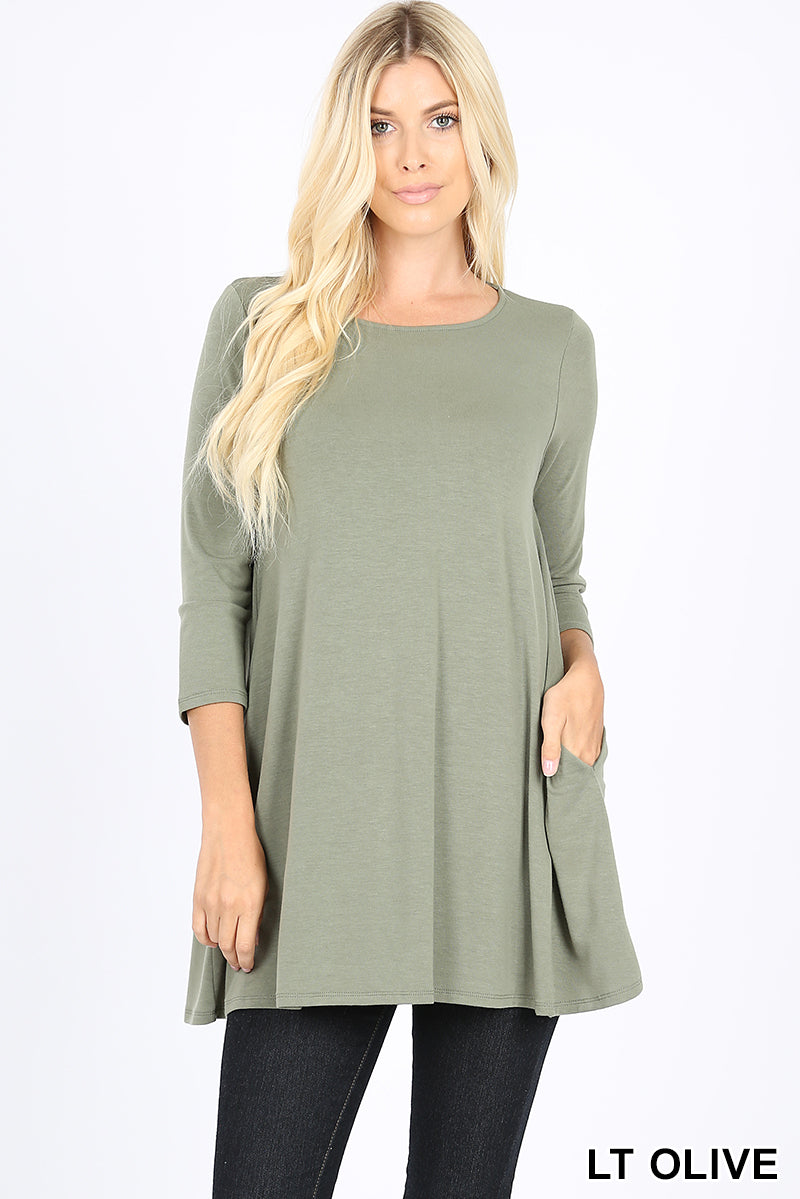 5986 3/4S Boat Neck Flared Top w PKTS in LT OLIVE