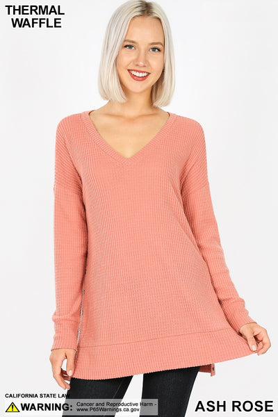 5987 4/4S V Neck Thermal Waffle w Snaps SWEATERS in ASH ROSE