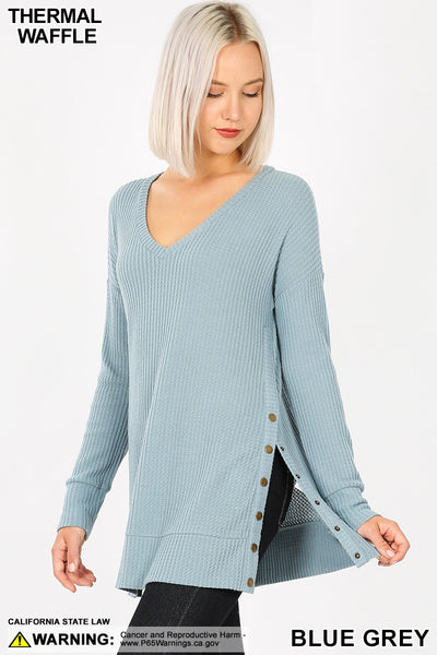 5988 4/4S V Neck Thermal Waffle w Snaps SWEATERS in BLUE GREY