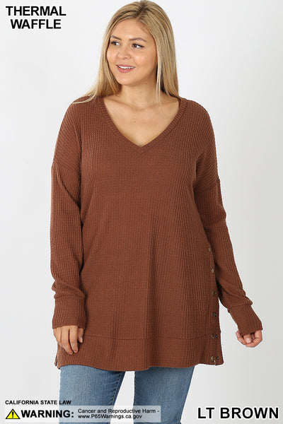 5989 4/4S V Neck Thermal Waffle w Snaps SWEATERS in LT BROWN