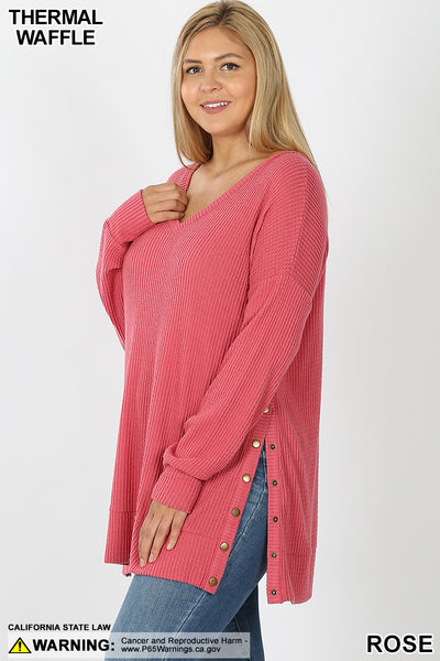 5990 4/4S V Neck Thermal Waffle w Snaps SWEATERS in ROSE