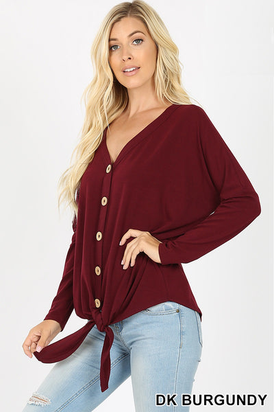 5995 4/4S Tie Front Button TOP in DK BURGUNDY