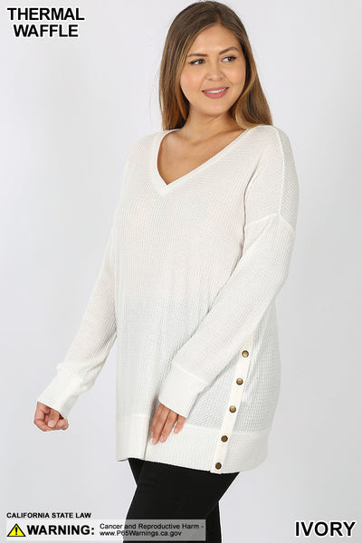 5999 4/4S V Neck Thermal Waffle w Snaps SWEATERS in IVORY