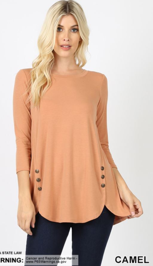 5329 3/4S Dolphin Hem w/ Side Button TOP in CAMEL