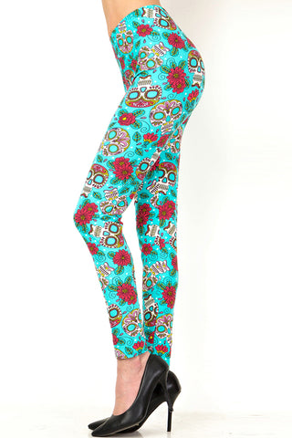 979 Sugar Skulls on Blue (Mint) LEGGINGS