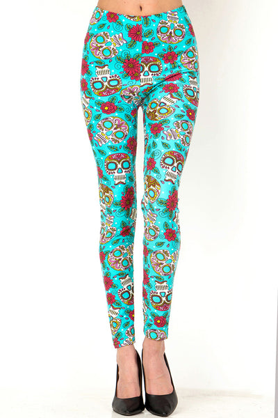 979 Sugar Skulls on Blue (Mint) LEGGINGS