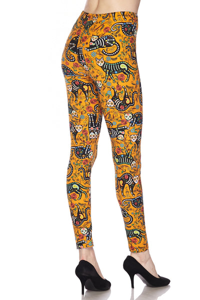 986 Sugar Skull Kitty on Gold LEGGINGS