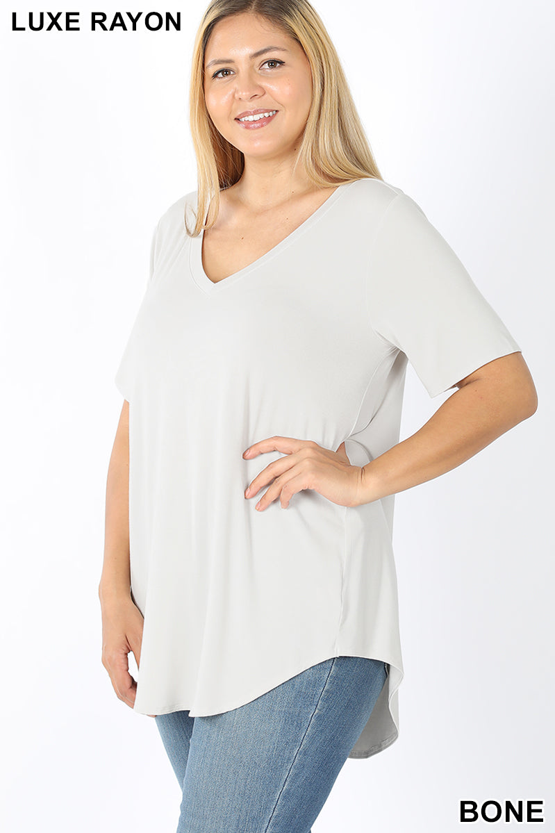 4088 1/4S V Neck HiLo Hem TOP in BONE